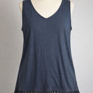 J. Jill Navy Blue Cotton Linen Blend V-Neck Tank Top with Tassel Hem Size L